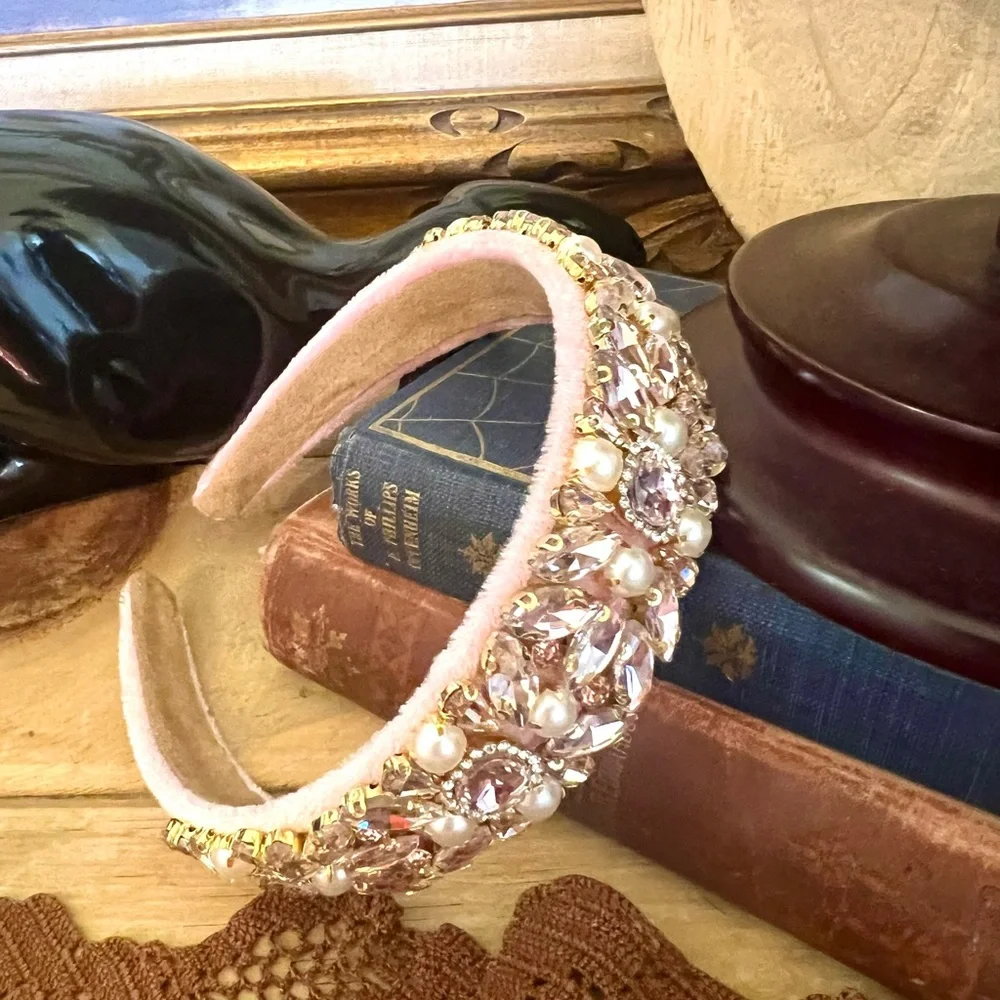 New! The “Katelyn” Pink Velour Bling Rhinestone Beaded Statement Headband